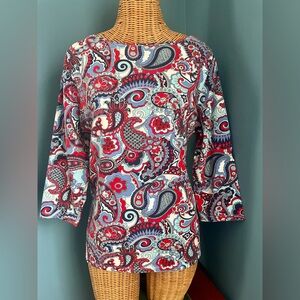 Talbots 1X Long Sleeve Tee Red White Blue Paisley Cotton Spandex 3/4 sleeve